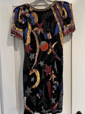 Niteline Black Sequin Midi Dress with Gold, Blue & Red Accents